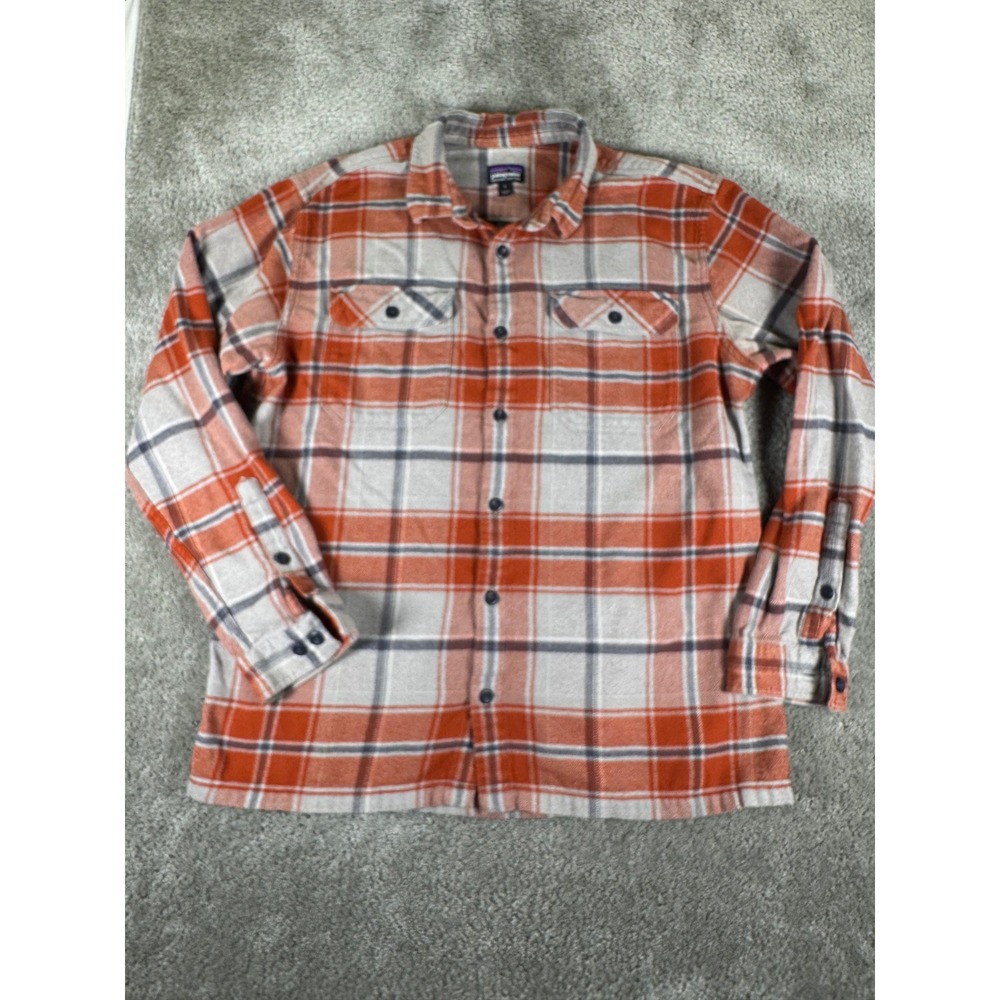 Patagonia Mens Large Organic Cotton Flannel Shirt Orange Grey Plaid Button Down